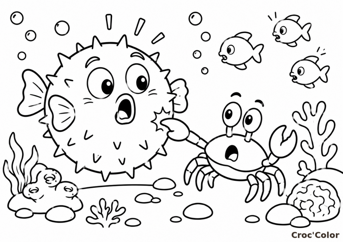 Coloriage Poisson-Globe et Crabe Rigolo Sous la Mer - Dessin Poisson Porc-Épique, Crabe et Recif de Corail à Imprimer Gratuit