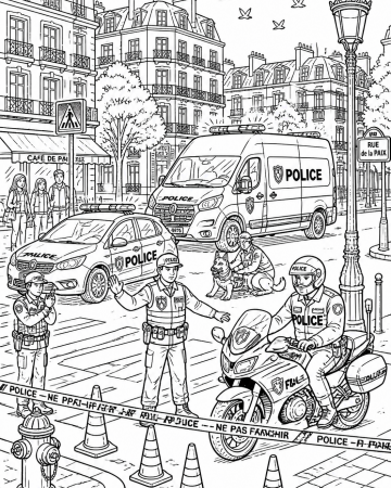 Coloriage Police en Intervention à Paris - Dessin Fourgon et Voiture à Imprimer