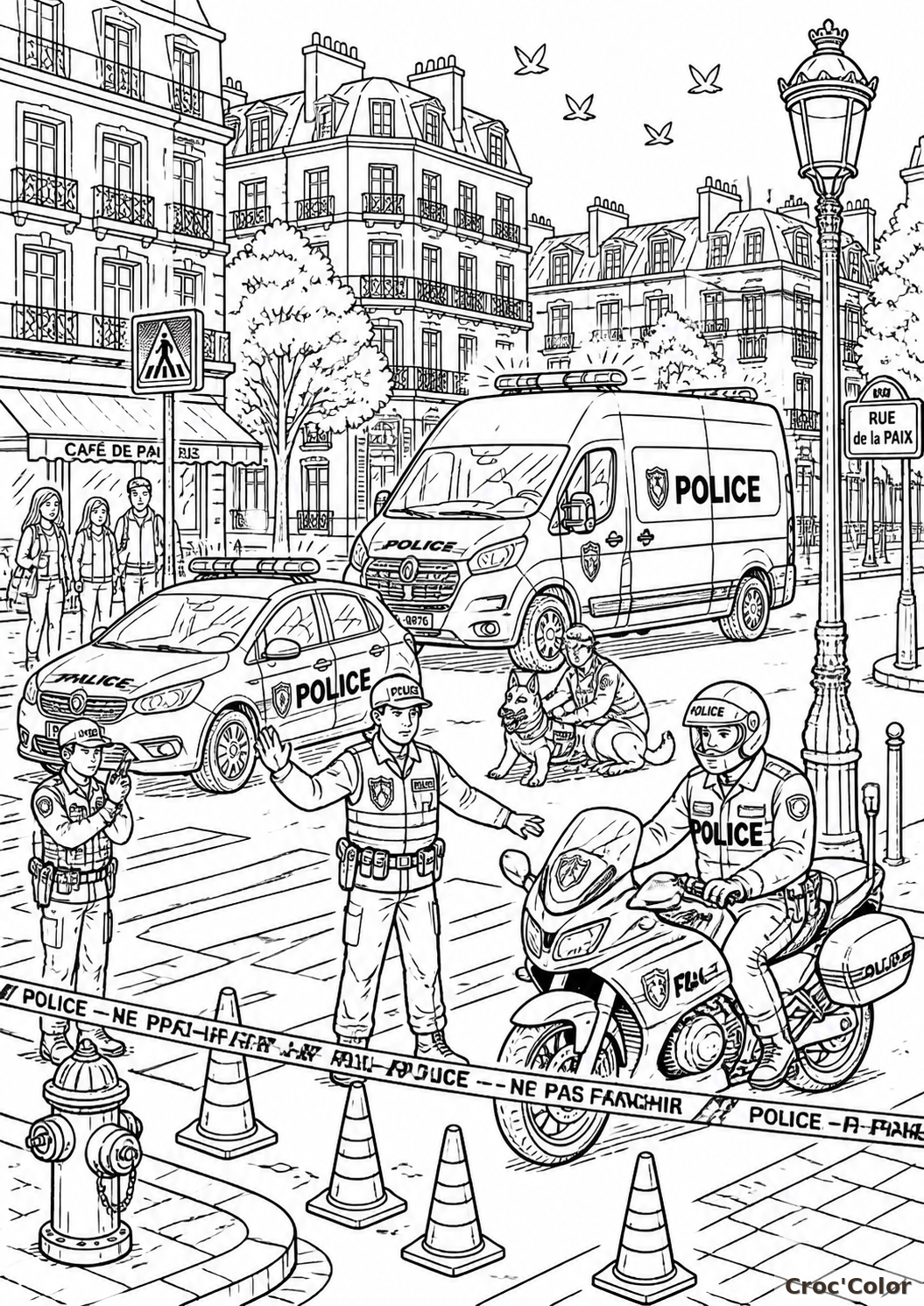 Coloriage Police en Intervention à Paris - Dessin Fourgon et Voiture à Imprimer