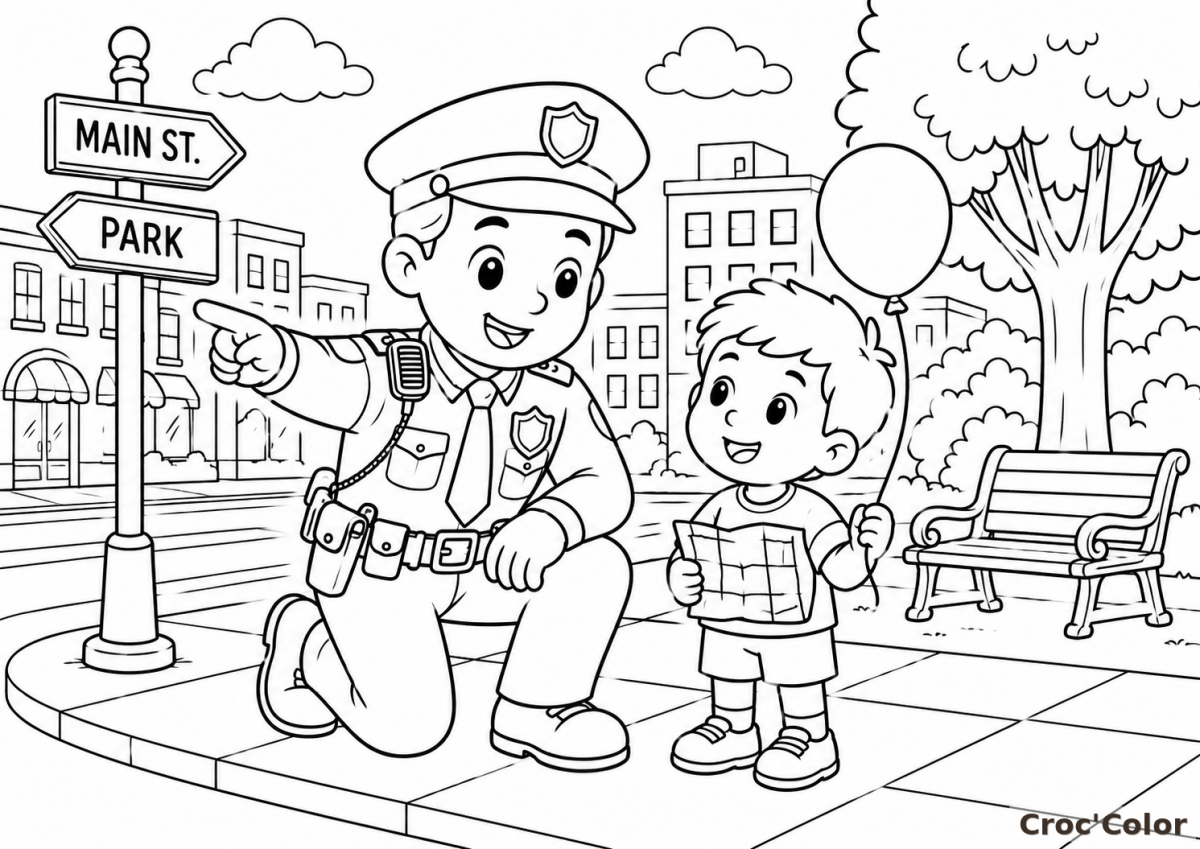 Coloriage Policier Aide un Enfant Perdu dans la Ville - Dessin Facile à Imprimer