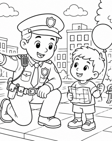 Coloriage Policier Aide un Enfant Perdu dans la Ville - Dessin Facile à Imprimer