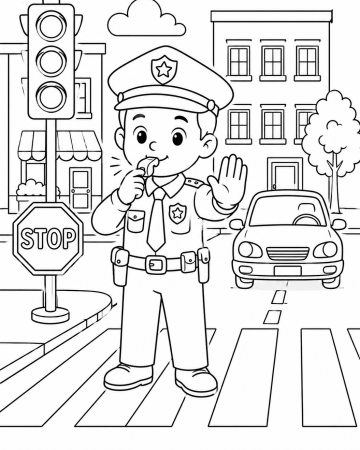 Coloriage Policier Passage Piéton et Sécurité Routière - Dessin Ville Facile à Imprimer