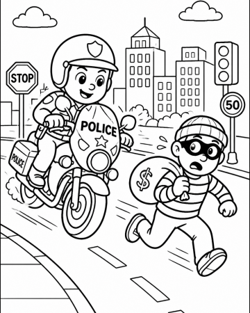 Coloriage Policier en Moto et Voleur - Dessin Course-Poursuite à Imprimer