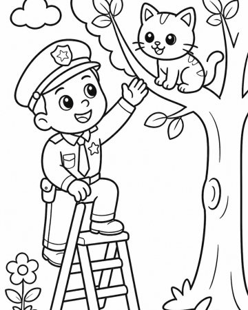 Coloriage Policier Sauve un Petit Chat dans l'Arbre - Dessin Facile à Imprimer