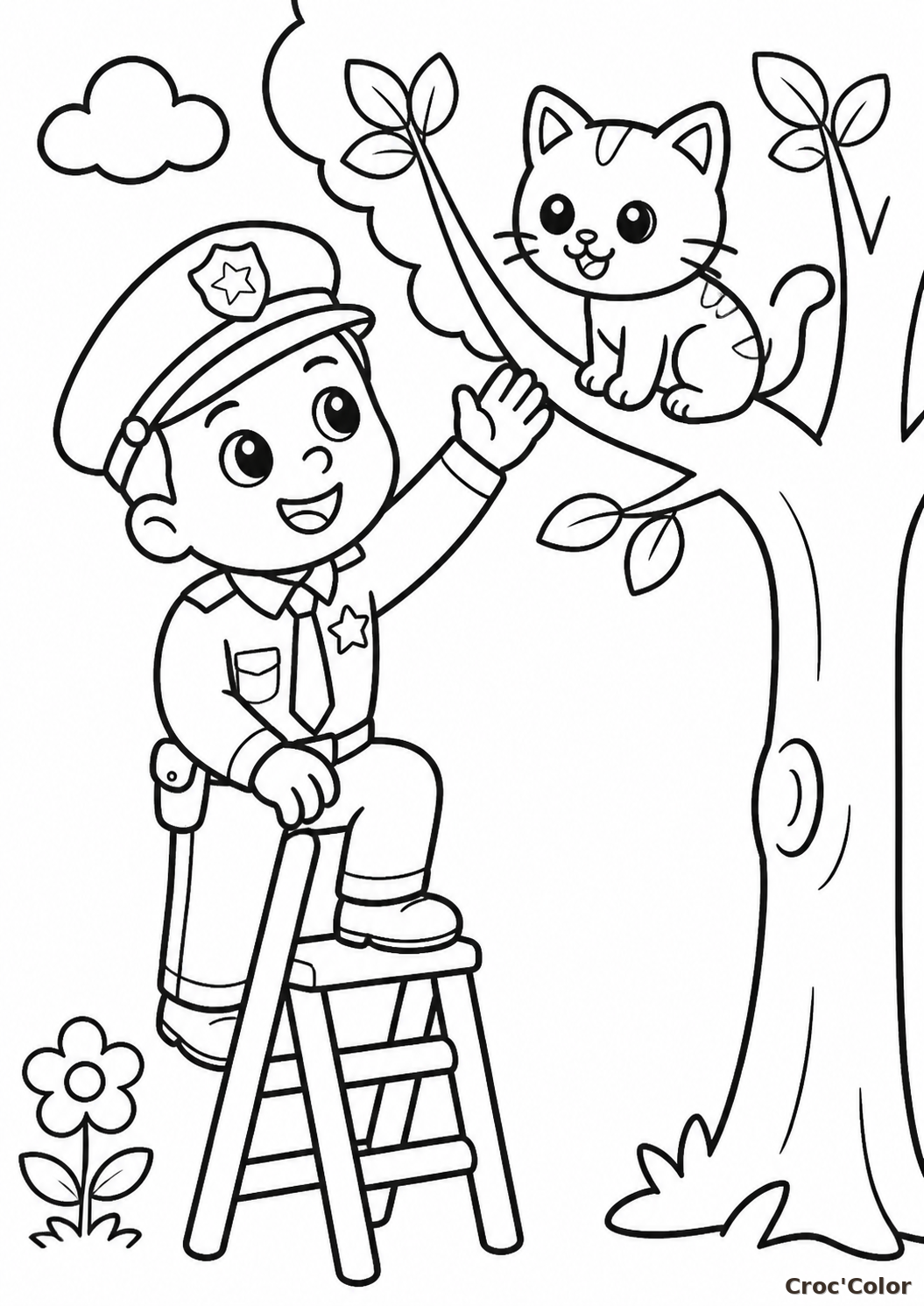 Coloriage Policier Sauve un Petit Chat dans l'Arbre - Dessin Facile à Imprimer