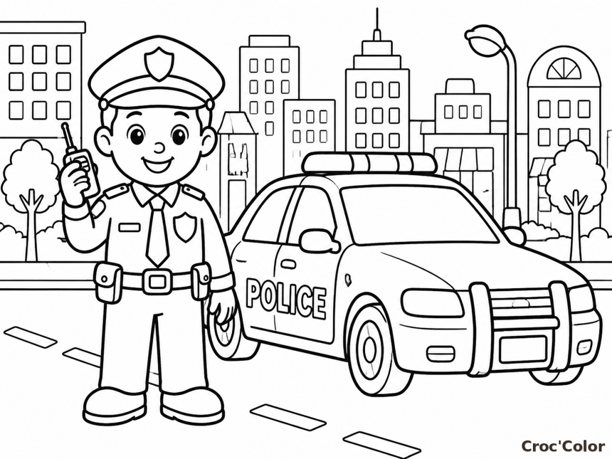Coloriage Policier avec Talkie-Walkie et Voiture de Police - Dessin Ville à Imprimer