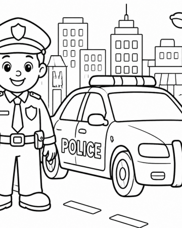 Coloriage Policier avec Talkie-Walkie et Voiture de Police - Dessin Ville à Imprimer