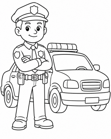 Coloriage Policier Mignon et Voiture de Police - Dessin Métiers à Imprimer