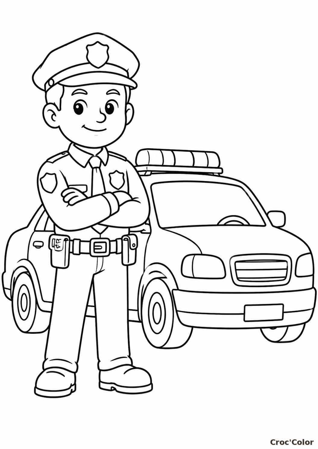 Coloriage Policier Mignon et Voiture de Police - Dessin Métiers à Imprimer