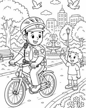 Coloriage Policier en Vélo dans un Parc - Dessin Ville et Nature à Imprimer
