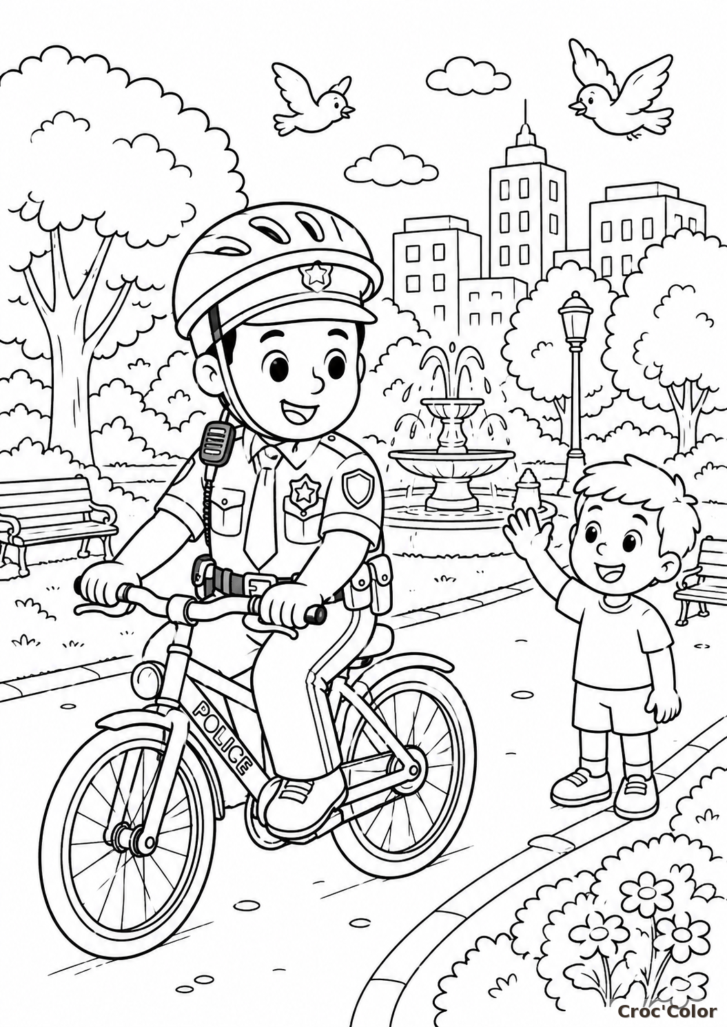 Coloriage Policier en Vélo dans un Parc - Dessin Ville et Nature à Imprimer