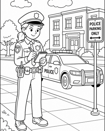Coloriage Policière devant le Commissariat de Police - Dessin Ville à Imprimer