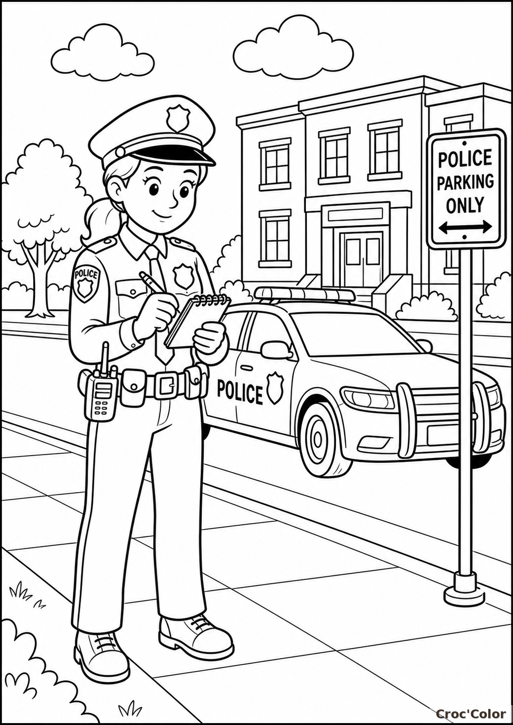 Coloriage Policière devant le Commissariat de Police - Dessin Ville à Imprimer