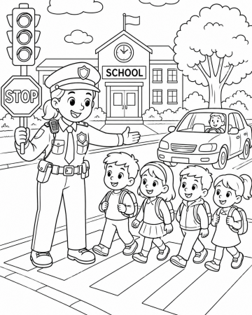 Coloriage Policière Sortie de l'École et Écoliers - Dessin Sécurité Routière à Imprimer