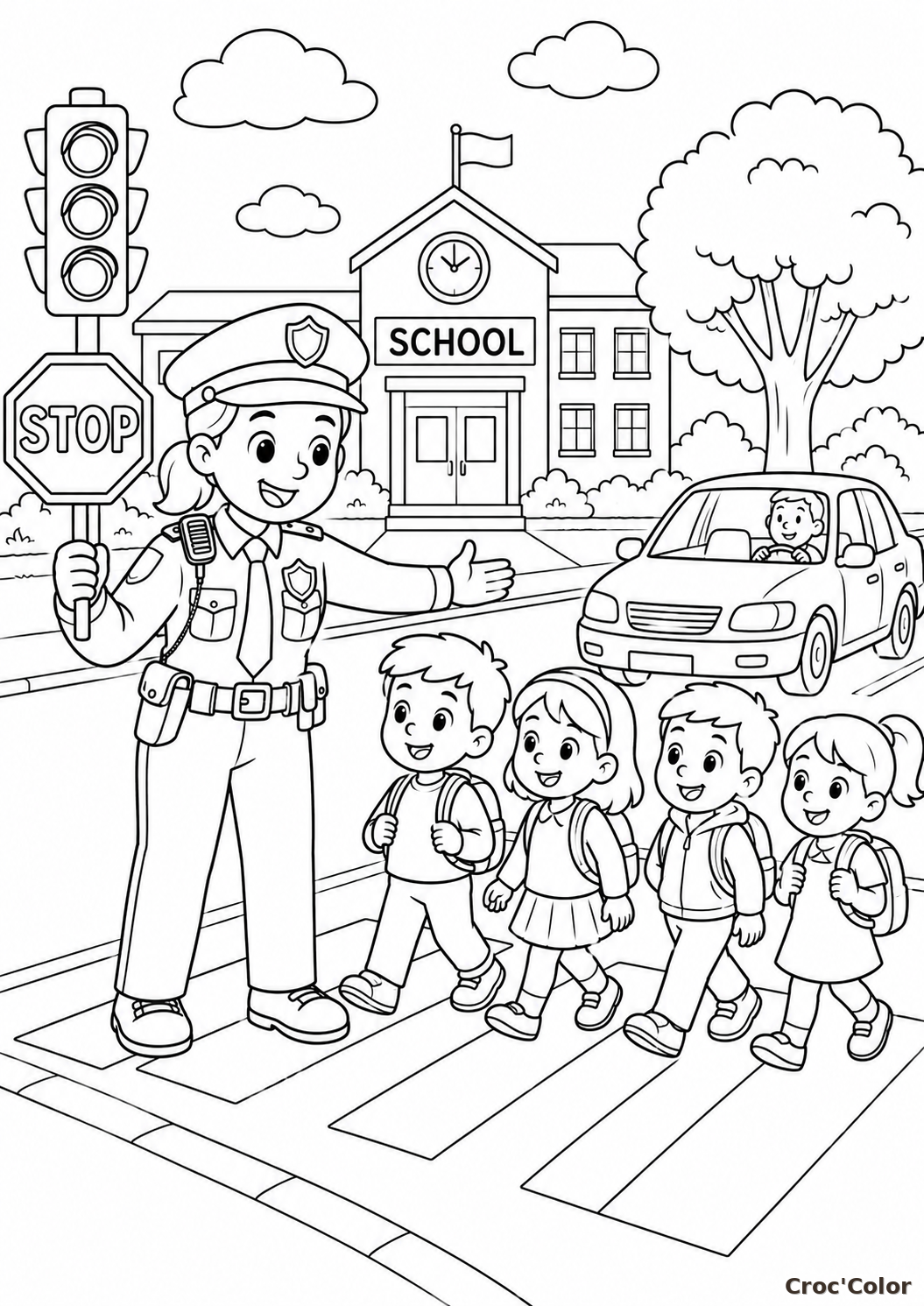 Coloriage Policière Sortie de l'École et Écoliers - Dessin Sécurité Routière à Imprimer