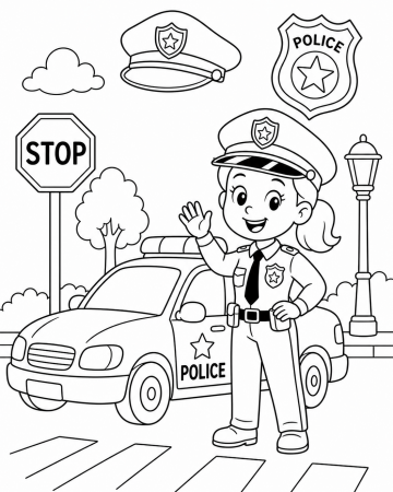 Coloriage Policière et Voiture de Police - Dessin Police Maternelle à Imprimer Gratuit