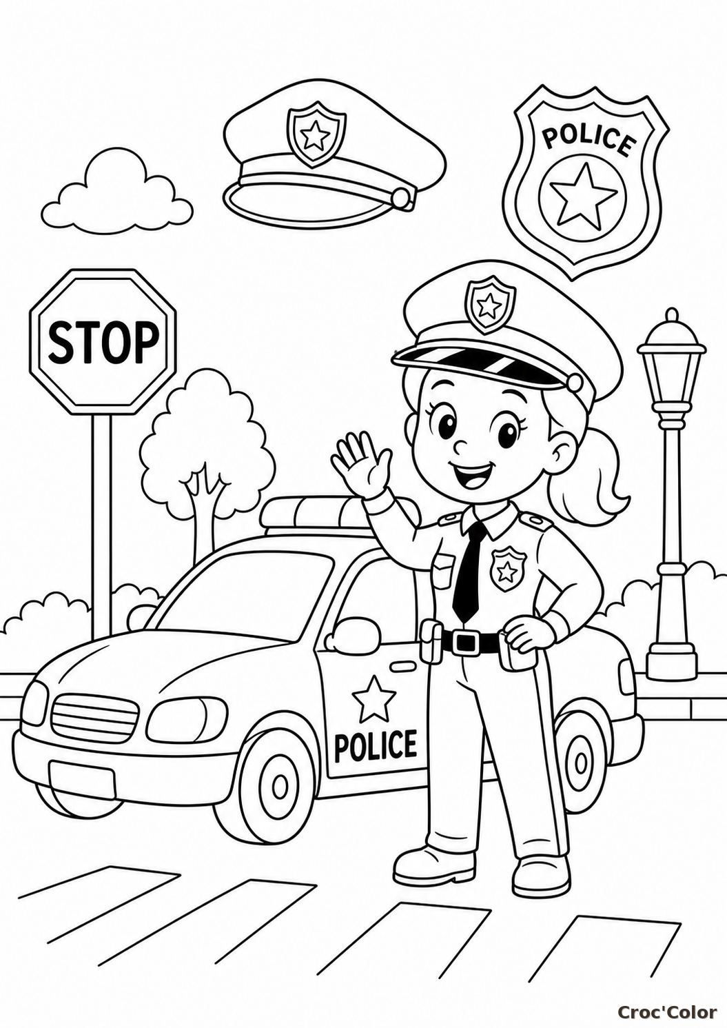 Coloriage Policière et Voiture de Police - Dessin Police Maternelle à Imprimer Gratuit