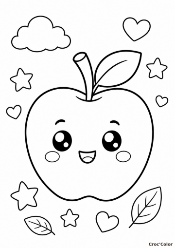 Coloriage Pomme Kawaii Rigolote - Dessin de Fruit Facile à Imprimer