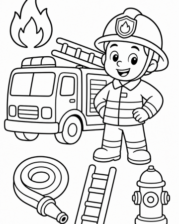 Coloriage Pompier et Camion Facile - Dessin Accessoires de Pompier à Imprimer Gratuit