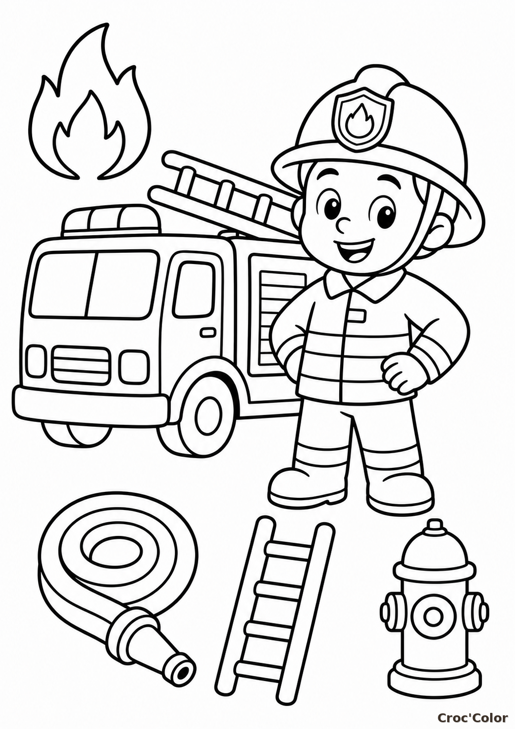 Coloriage Pompier et Camion Facile - Dessin Accessoires de Pompier à Imprimer Gratuit