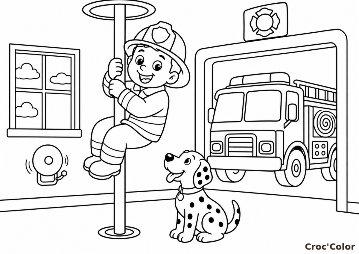 Coloriage Pompier à la Caserne Facile - Dessin Camion, Chien Dalmatien et Rampe à Imprimer Gratuit