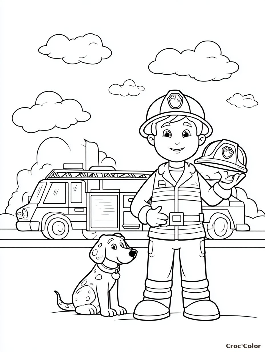 Coloriage Pompier et Chien Dalmatien Maternelle - Dessin Camion de Pompier Facile à Imprimer Gratuit