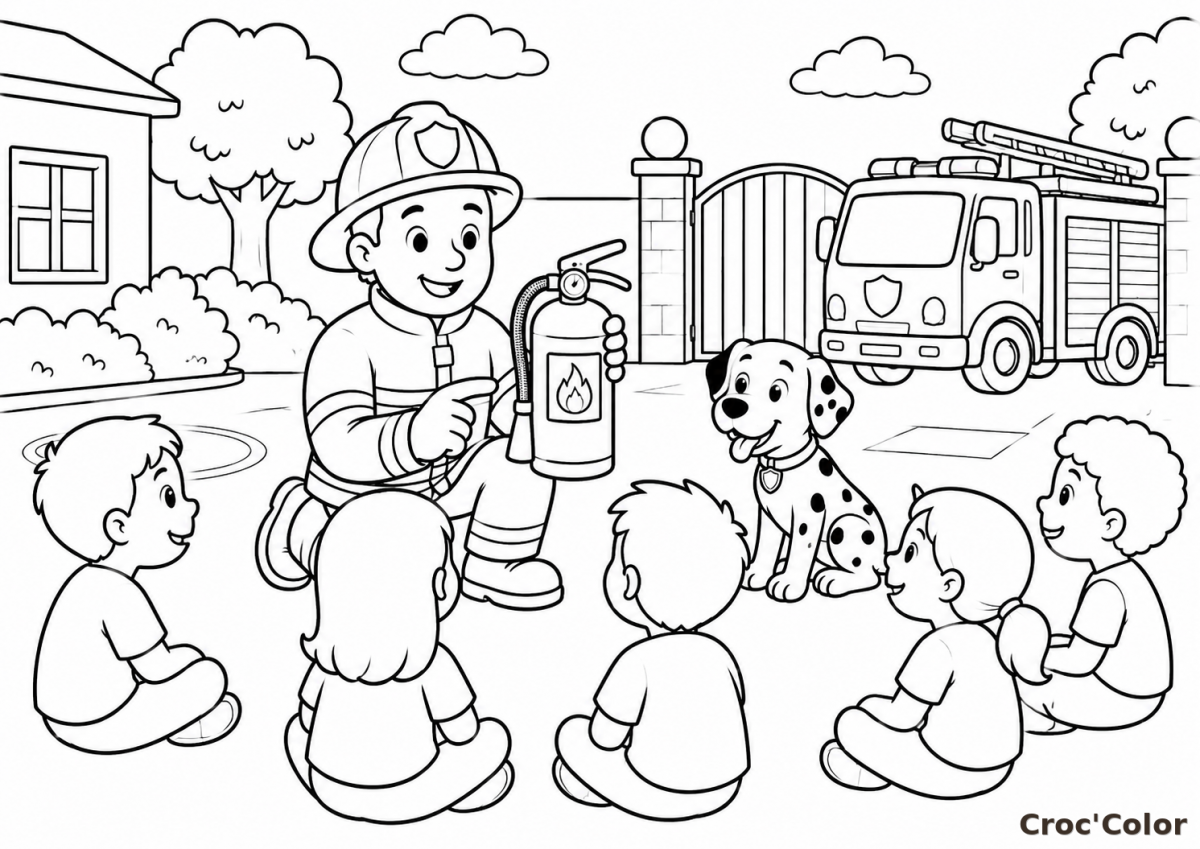 Coloriage Pompier Présentant un Extincteur aux Enfants - Dessin Sensibilisation, Chien Dalmatien et Camion à Imprimer Gratuit