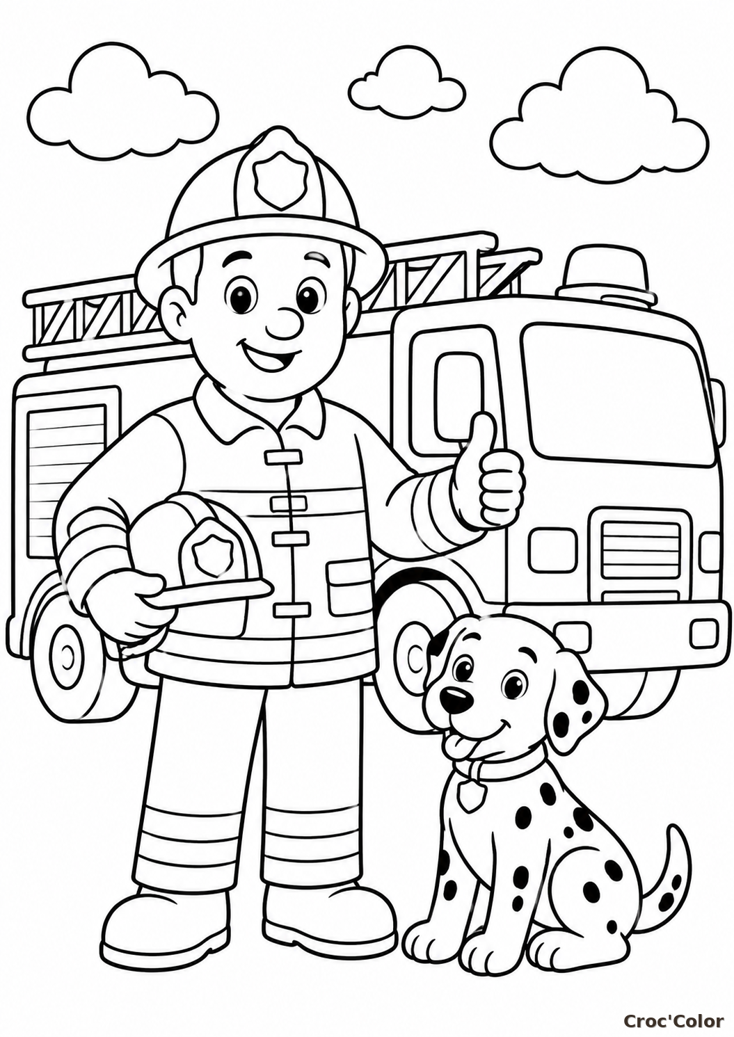 Coloriage Pompier Facile - Dessin Camion de Pompier, Casque, Chien Dalmatien et Grande Échelle à Imprimer Gratuit