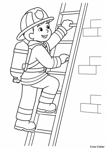 Coloriage Pompier sur la Grande Échelle Facile – Dessin Jeune Pompier Courageux, Casque et Bouteille d&rsquo;Oxygène à Imprimer Gratuit
