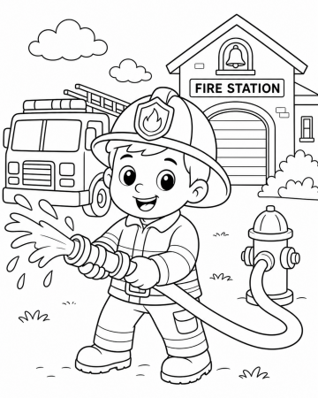 Coloriage Pompier avec Lance Incendie - Dessin Caserne et Camion à Imprimer Gratuit