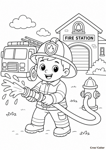 Coloriage Pompier avec Lance Incendie - Dessin Caserne et Camion à Imprimer Gratuit