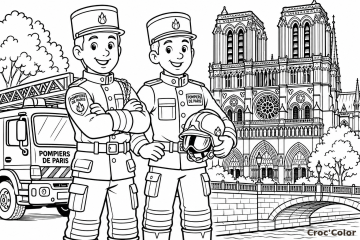 Coloriage Pompiers de Paris et Notre-Dame Moyen – Dessin Sapeurs-Pompiers, Camion d&rsquo;Intervention et Cathédrale à Imprimer Gratuit