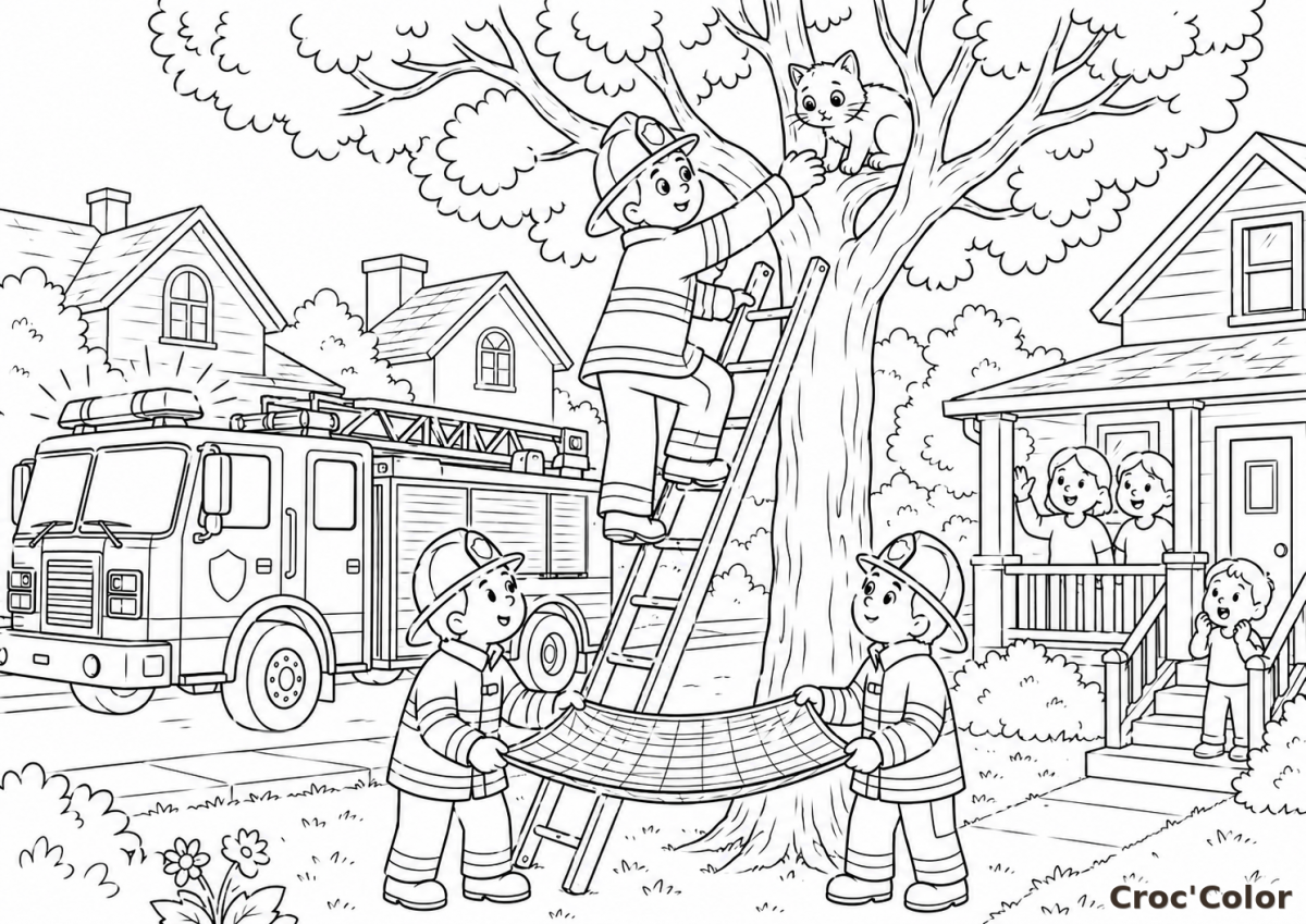 Coloriage Pompiers Sauvetage Chat dans l'Arbre - Dessin Camion de Pompier et Héros à Imprimer Gratuit