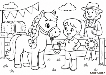 Coloriage Poney de Concours et Fillette - Dessin Concours Équestre, Crinière Tressée et Flot de Victoire à Imprimer Gratuit