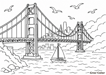 Coloriage Coloriage Pont du Golden Gate San Francisco – Dessin Pont Suspendu, Voilier, Mouettes et Gratte-ciels à Imprimer Gratuit à imprimer