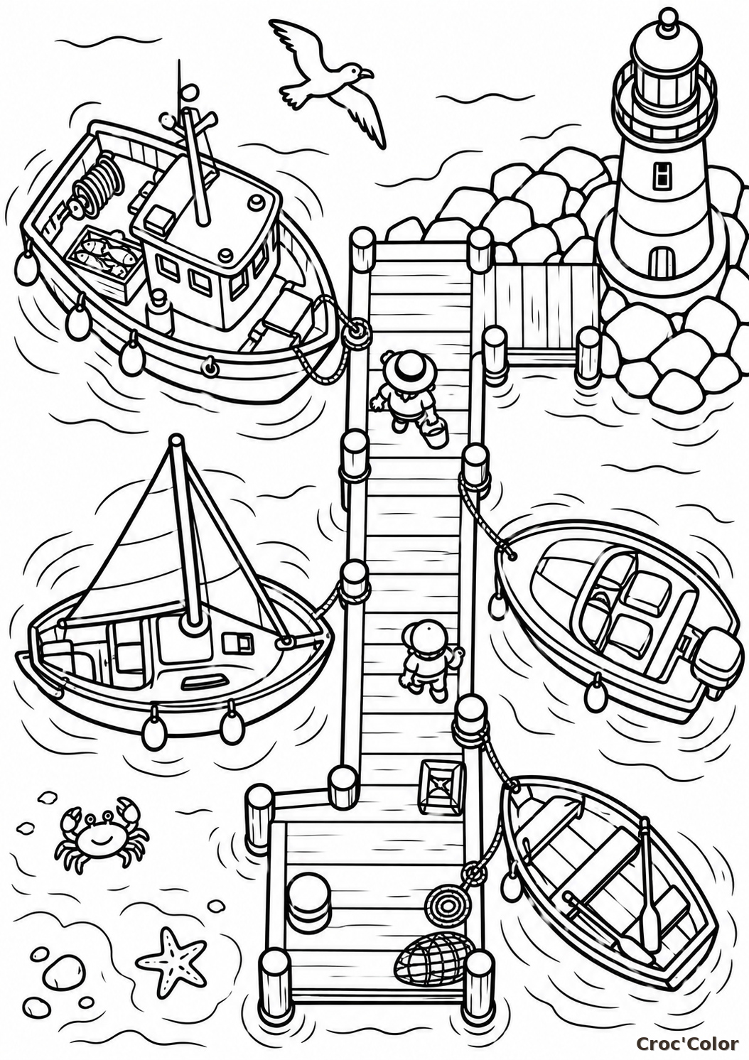 Coloriage Port de Pêche et Bateaux Moyen - Dessin Ponton en Bois, Phare, Pêcheur, Voilier et Crabe à Imprimer Gratuit
