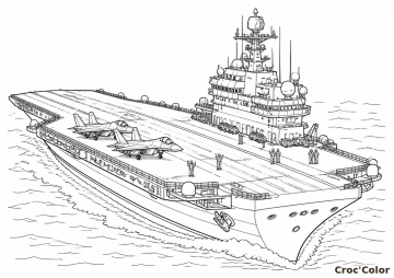 Coloriage Porte-Avions Militaire Réaliste - Dessin Bateau de Guerre et Avions de Chasse à Imprimer