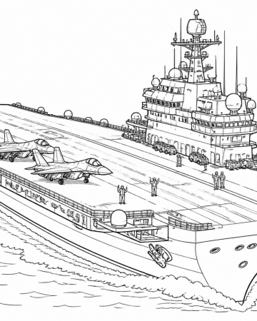 Coloriage Porte-Avions Militaire Réaliste - Dessin Bateau de Guerre et Avions de Chasse à Imprimer