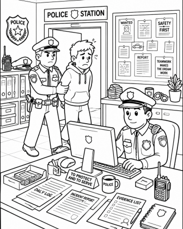 Coloriage Poste de Police et Bureau des Policiers - Dessin Ville à Imprimer