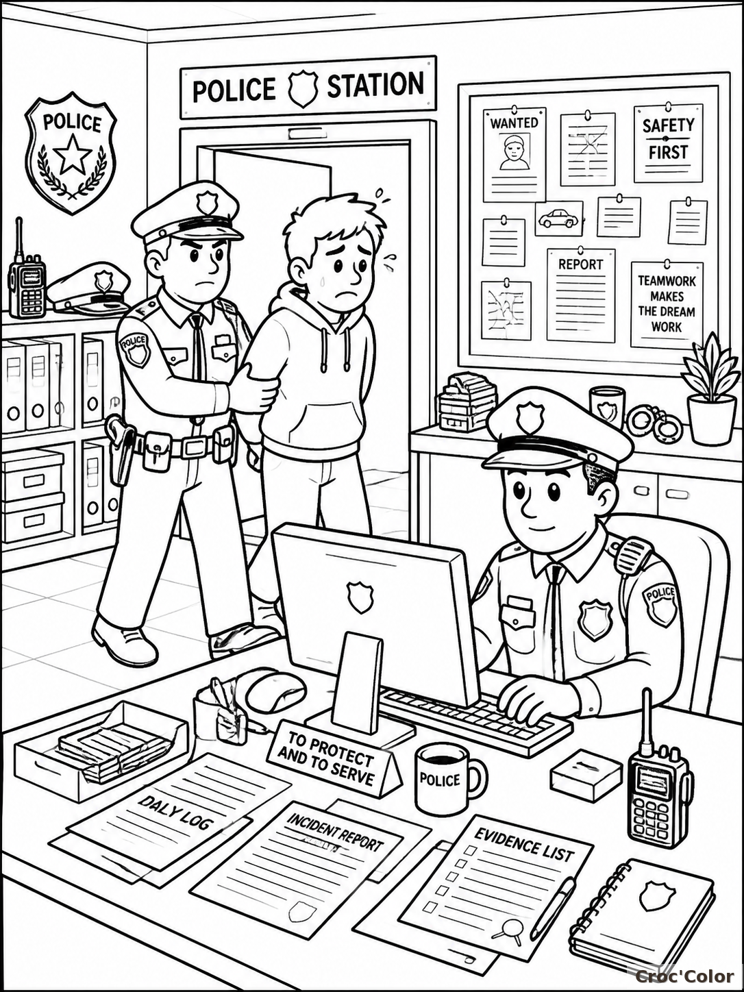 Coloriage Poste de Police et Bureau des Policiers - Dessin Ville à Imprimer