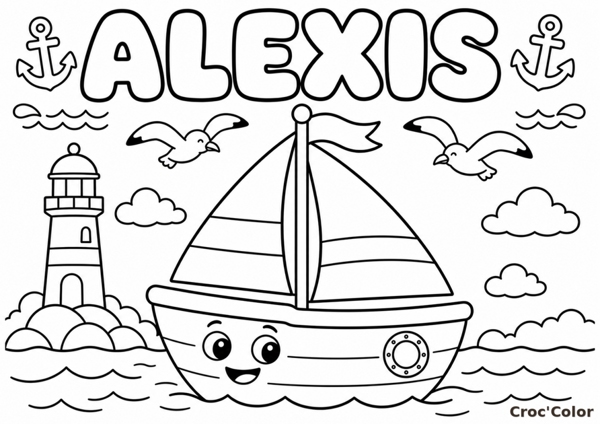Coloriage Prénom Alexis Facile Maternelle - Dessin Bateau Voilier et Phare à Imprimer Gratuit