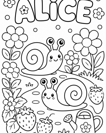 Coloriage Prénom Alice Facile Maternelle - Dessin Escargots et Fraises Jardin à Imprimer Gratuit