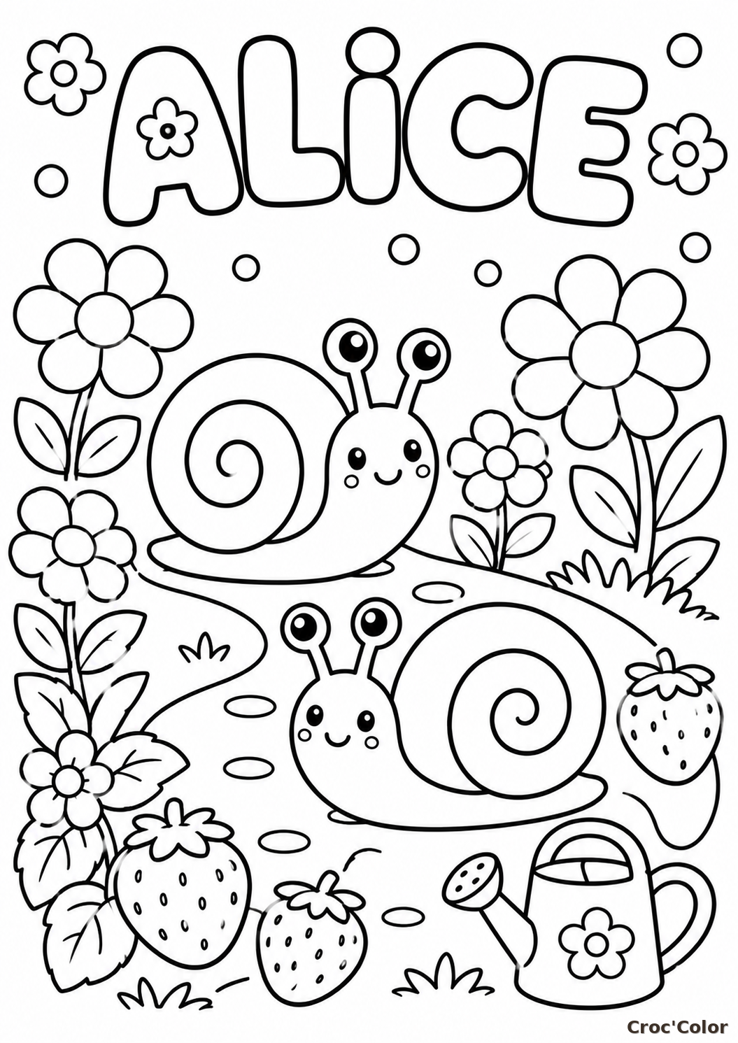 Coloriage Prénom Alice Facile Maternelle - Dessin Escargots et Fraises Jardin à Imprimer Gratuit