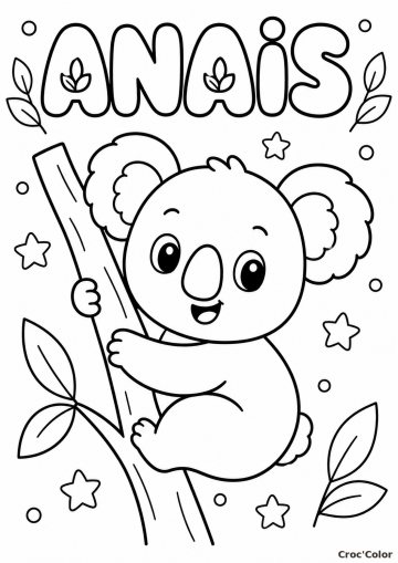 Coloriage Prénom Anaïs à Colorier - Dessin Koala Mignon Facile à Imprimer Gratuit