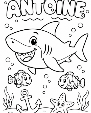 Coloriage Prénom Antoine Facile Maternelle - Dessin Requin et Poissons sous la Mer à Imprimer Gratuit