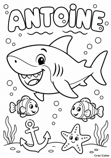 Coloriage Prénom Antoine Facile Maternelle - Dessin Requin et Poissons sous la Mer à Imprimer Gratuit