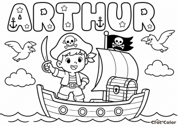 Coloriage Prénom Arthur Facile Maternelle - Dessin Bateau Pirate et Trésor à Imprimer Gratuit