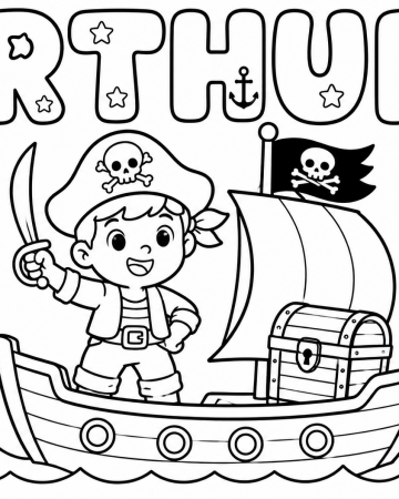 Coloriage Prénom Arthur Facile Maternelle - Dessin Bateau Pirate et Trésor à Imprimer Gratuit
