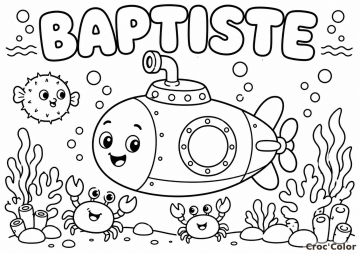 Coloriage Prénom Baptiste Facile Maternelle - Dessin Sous-Marin et Crabes à Imprimer Gratuit