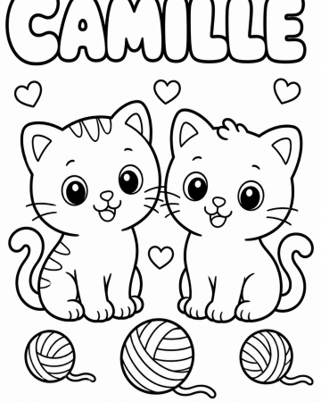 Coloriage Prénom Camille Facile Maternelle - Dessin Chatons et Pelotes à Imprimer Gratuit